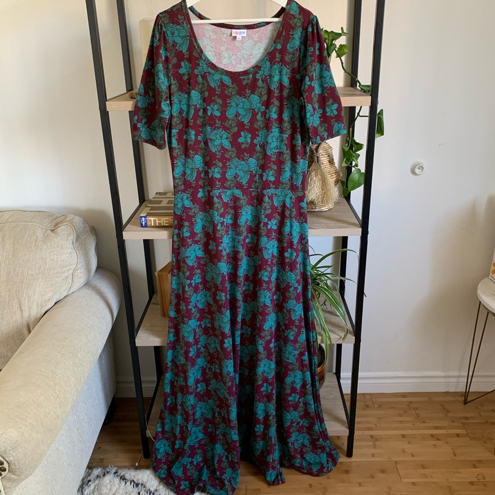 Lularoe Ana Floral Roses Maxi Dress Teal Purple XL